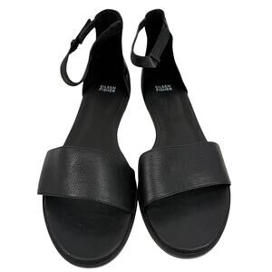 Eileen Fisher Razz Tumbled Leather Ankle-Strap Sandal Black Open Toe Flats 11